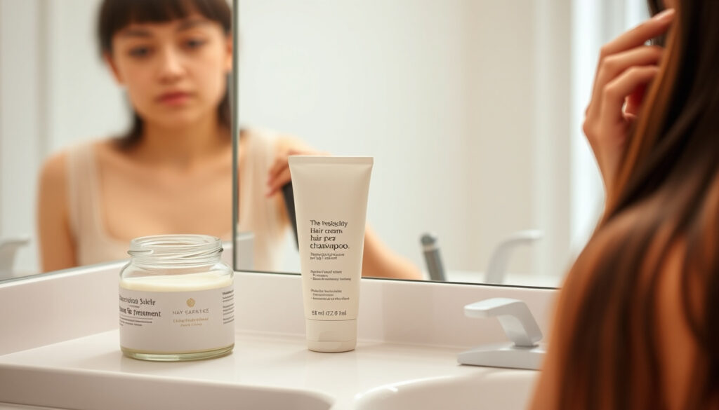 Henkilö hieroo pre shampoo -esikäsittelyä kosteiden hiusten pituuksiin kylpyhuoneen peilin edessä, tiskillä on haarukkamerasovellus ja harja
