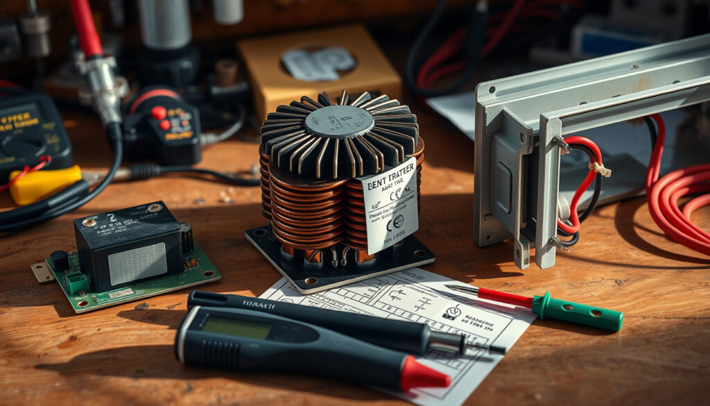 Työpöydällä elektroniikan kokoamisaiheessa muuntajia: pieni piirilevymuuntaja, rengassydänmuuntaja ja DIN-kiskomuuntaja sähkökaappiossa, mittarit ja kytkentäjohtimia ympärillä.