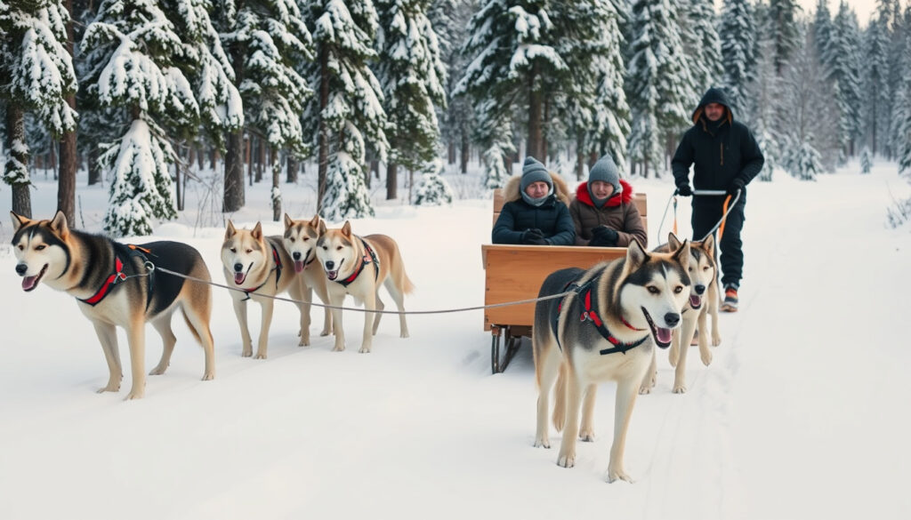 Huskypari vetää rekkeä lumisessa metsässä, matkustajia reen kyydissä talvisessa maisemassa.