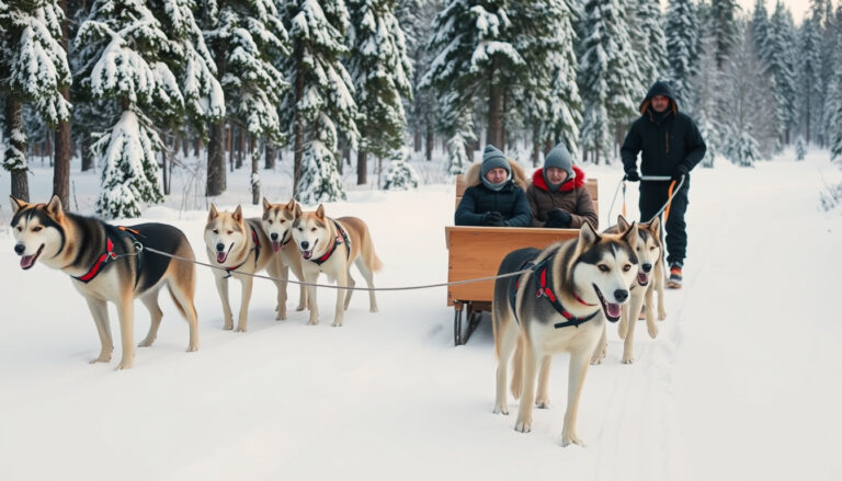 Huskypari vetää rekkeä lumisessa metsässä, matkustajia reen kyydissä talvisessa maisemassa.
